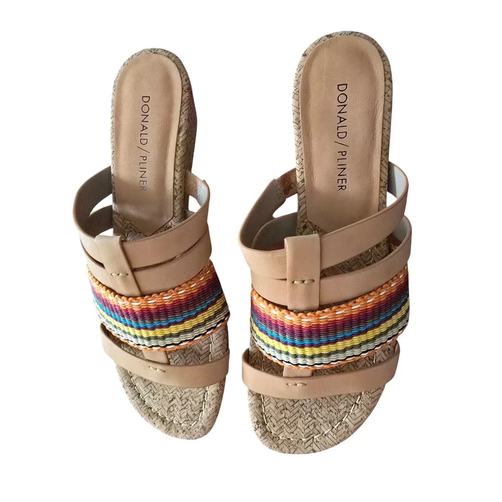 Donald Pliner Womens 7.5M Tan Multi Color Woven Leather Cork Wedge Sandals Italy